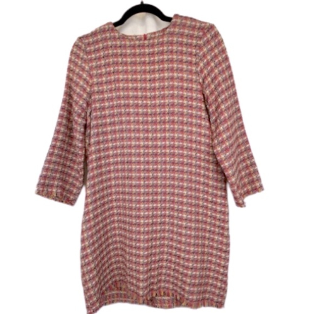 Zara trf Cotton Blend Tweed Sheath Dress Pink Ladylike Lined Medium 3/4 Sleeved